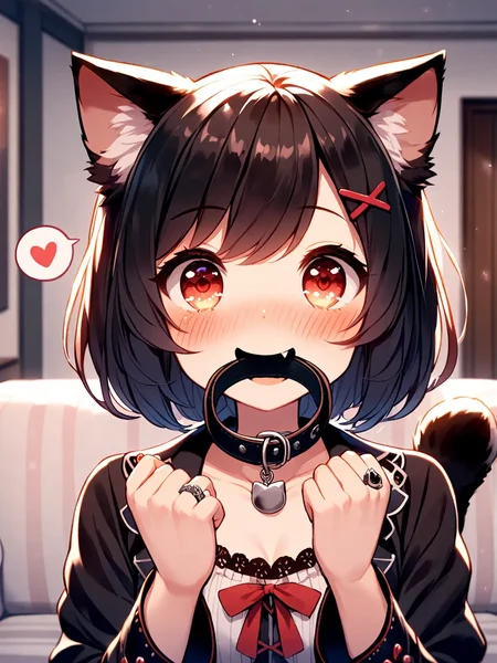 1girl,
(holding collar with mouth), holding,collar,
(cat ear),(cat red eyes), (cat tail ornament, ring),(head tilt), black hair, (x hairpin),(fang),
gothic jacket, (spoken heart:1.5),
smile, (happy), kind, blush, collarbone,
(pov),looking at viewer,
sitting on sofa, in room
<lora:collar4u-v3-000010:1>