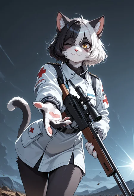 score_9, score_8_up, score_7_up, screencap, (solo), sfw BREAK 1girl, ErwinWA, furry, anthro, feline, white and black fur, short hair, animal ears, cat tail, medic uniform, from below, Erwinhair, one eye closed, :3, yellow eyes, holding a rifle BREAK on the battlefield, head leans forward, extremely detailed, cinematic soft lighting, tranquil setting, beckoning, reaching towards viewer, epic lighting, dim light, detailed background, sharp focus, extremely detailed, high detail, dynamic angle, dynamic pose