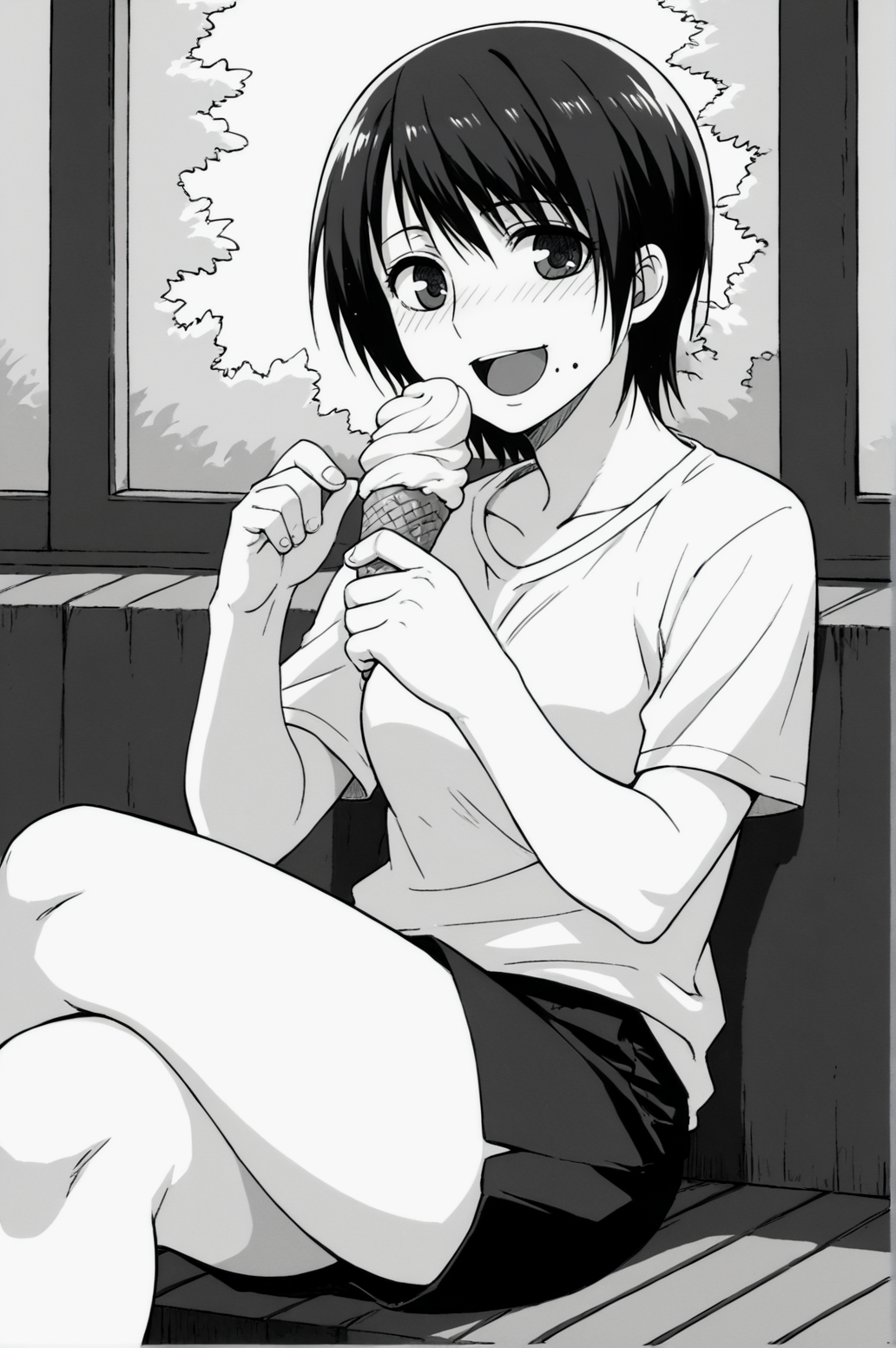 score_9, score_8_up, score_7_up, monochrome, manga_source, best background, detailed background, manga, grayscale  Haruka, blush, smile, open mouth, shirt, sitting, crossed legs, eating ice cream,  <lora:JN_Haruka:0.8>