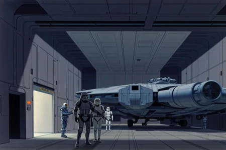 ralphmcq1 painting.
A space hangar from Star Wars universe. The scene is bathed in a cool, blue and grey color palette, with a minimalist, industrial aesthetic. The hangar's walls and ceiling are sleek and metallic, featuring clean, straight lines and a minimalist design, emphasizing functionality over ornamentation. the Millennium Falcon, prominently positioned in right, with storm trooper's guarding it.
<lora:ralphmcq_cap_d6a3:1.0><lora:830315894128414496:0>