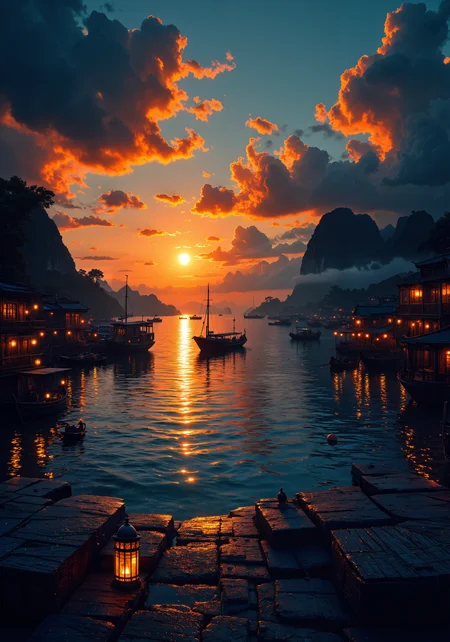 Velvet twilight bathes an ancient fishing village nestled against limestone karst islands, with traditional wooden boats silhouetted against a tangerine-to-indigo sky gradient. Mist hovers between sea and sky, diffusing light into prismatic halos around lanterns just beginning to glow. Hyper-detailed impressionist brushwork captures the interplay of sunset on rippling water, creating liquid gold reflections that fragment into thousands of luminous points. Rich cyan shadows contrast with amber highlights on weathered dock timbers. Scattered clouds, backlit with molten copper edges, display dramatic cumulonimbus formations. The composition balances intimate foreground details of nets and buoys with the vast oceanic horizon, where last rays of sunlight pierce through an advancing storm front, creating dramatic crepuscular rays. Volumetric lighting, exceptional color theory, atmospheric perspective, 8K resolution, golden ratio composition, medium format photography aesthetic, oil painting textures, maritime nostalgia, ephemeral moment, cinematic lighting. <lora:New_Fantasy_CoreV4_FLUX:0.8> <lora:It's a LoRA for portraits, BUT! actually specialized in backgrounds. v1.0:0.5> <lora:aidmaFLUXPro1.1-FLUX-v0.3:0.3> <lora:flux_dev:1>