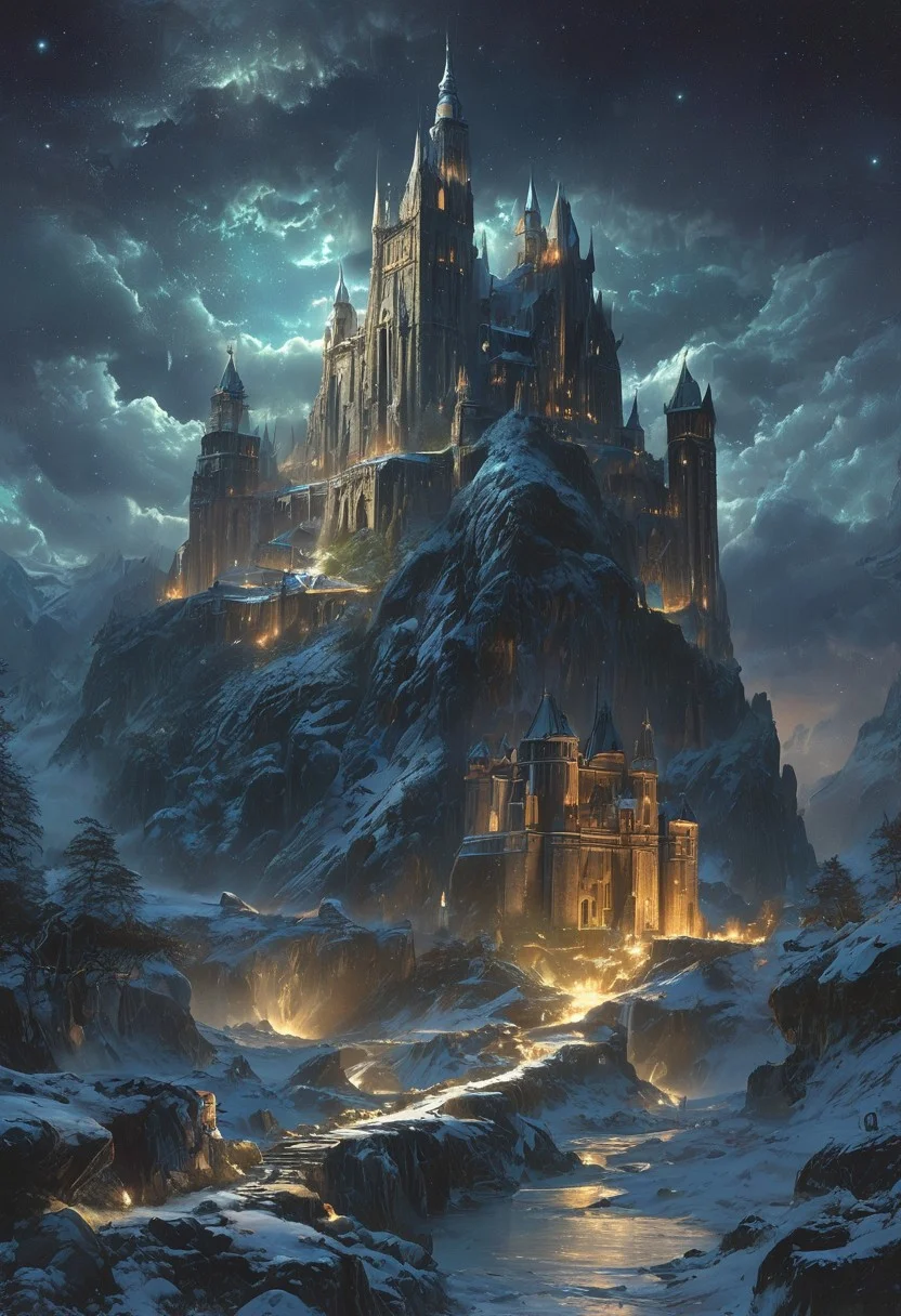 A captivating night scene illustration featuring a grand Norse castle standing tall on a rocky and snowy mountain. The castle, adorned with some windows, emits a warm glow, highlighting its incredible craftsmanship. The snowy mountain is covered in great pine trees, reflecting on the calm, moonlit snow that mirrors the silvery moonlight. The full moon graces the sky, casting an ethereal glow on the clouds and mountain, while wispy clouds partially obscure its brilliance, adding to the scene's mystique. Twinkling stars dot the sky, the northern lights shine brightly in hues of greens, bluesl, and purples, creating a celestial tapestry that harmonizes with the moon's radiance. This enchanting artwork captures a serene and peaceful night, where the illuminated Norse Viking Hall stands resolute amidst the celestial beauty, creating a cinematic experience., illustration, cinematic
<lora:DonM3t3rn1tyXL-v1.1:0.7>, DonM3t3rn1tyXL,
OverallDetailXL <lora:MJ52:0.3> <lora:SDXLFaeTastic2400:0.4> <lora:EpicF4nta5yXL:0.7>