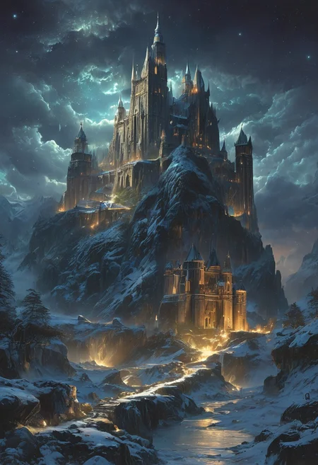 A captivating night scene illustration featuring a grand Norse castle standing tall on a rocky and snowy mountain. The castle, adorned with some windows, emits a warm glow, highlighting its incredible craftsmanship. The snowy mountain is covered in great pine trees, reflecting on the calm, moonlit snow that mirrors the silvery moonlight. The full moon graces the sky, casting an ethereal glow on the clouds and mountain, while wispy clouds partially obscure its brilliance, adding to the scene's mystique. Twinkling stars dot the sky, the northern lights shine brightly in hues of greens, bluesl, and purples, creating a celestial tapestry that harmonizes with the moon's radiance. This enchanting artwork captures a serene and peaceful night, where the illuminated Norse Viking Hall stands resolute amidst the celestial beauty, creating a cinematic experience., illustration, cinematic
<lora:DonM3t3rn1tyXL-v1.1:0.7>, DonM3t3rn1tyXL,
OverallDetailXL <lora:MJ52:0.3> <lora:SDXLFaeTastic2400:0.4> <lora:EpicF4nta5yXL:0.7>
