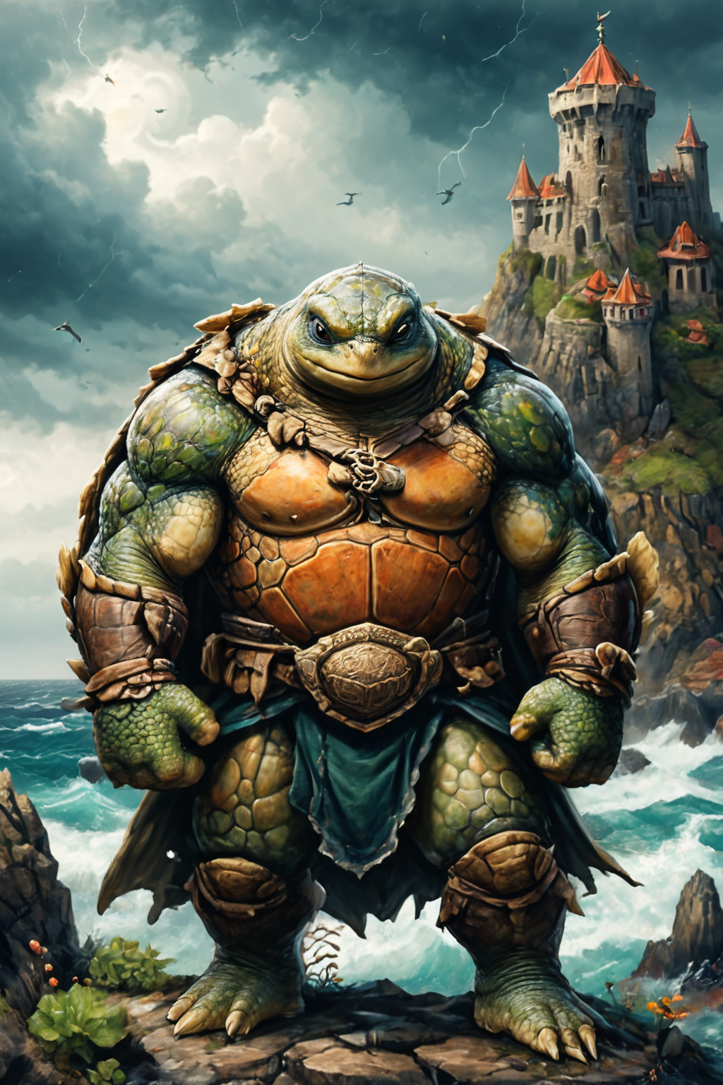 Detailed digital portrait of an anthro Turtle at a Cliffside fortress overlooking stormy seas, <lora:xl_more_art-full_v1:0.5>,  <lora:The_Crazy_Style:0.7> <lora:anthro_muscular:0.7>