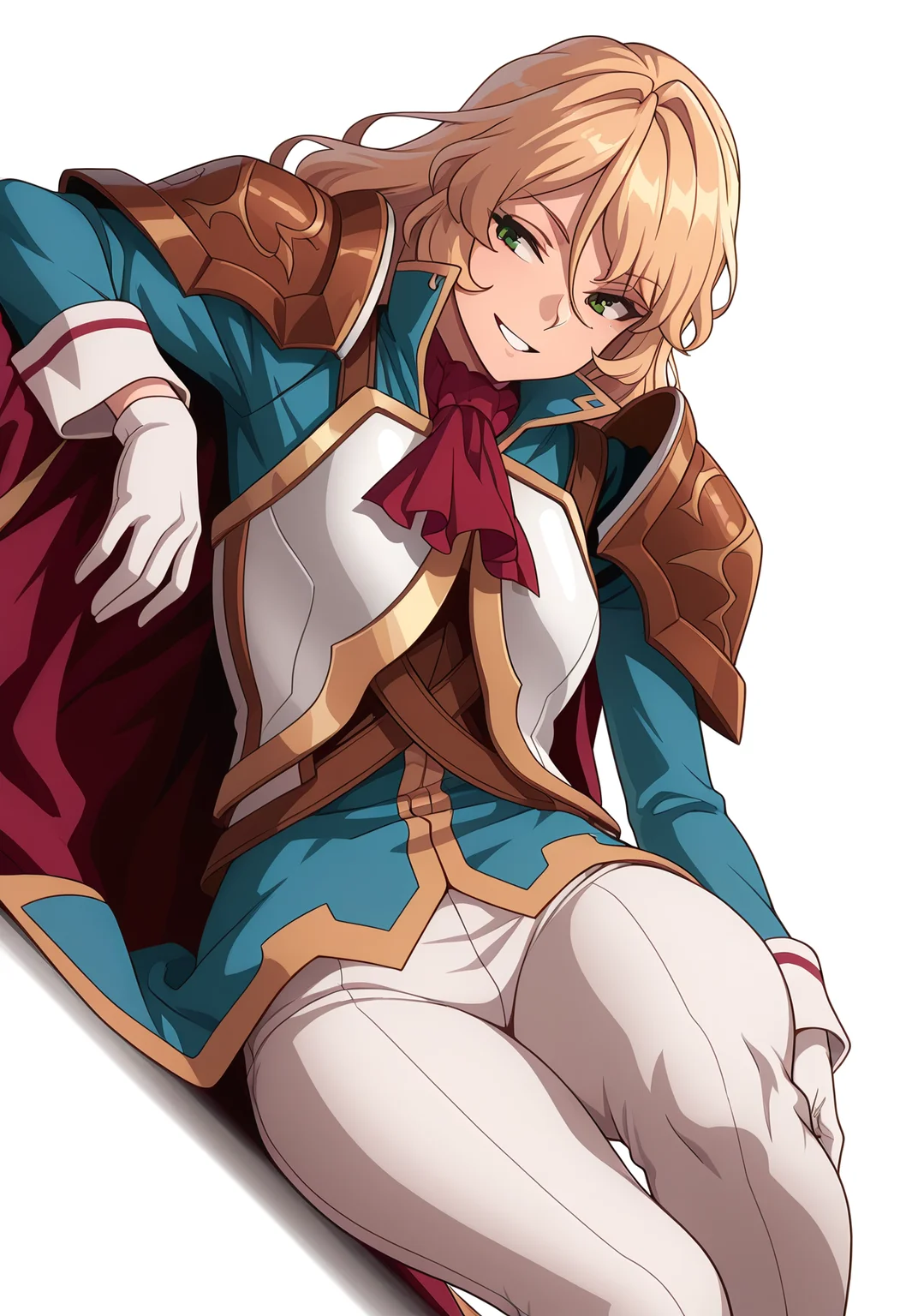 Smooth Quality,masterpiece,very intricate, high quality details, ultra realistic, high detailed skin,detailed enviorement,absurdres,
simple background, white background,
sideways,grin,reclining, one leg over other, arm on backrest, calm, composed, ,
<lora:Blade_cnn:0.8>bladecnn,1girl, blonde hair, green eyes, long hair, armor, uniform, long sleeves, gloves, white pants, ascot,shoulder armor,cape, coat,