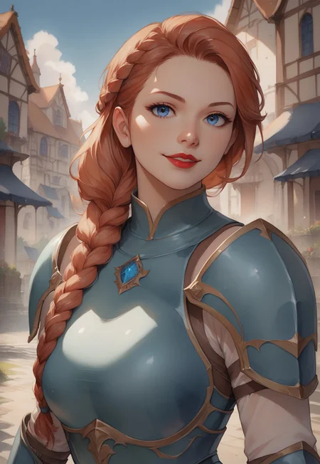 score_9, score_8_up, score_7_up, auburn hair, hair braid, blue eyes, detailed eyes, perfect eyes, detailed face, perfect face, looking at the viewer, dynamic pose, village, buildings, smile, blue armor, massive armor, lips closed, gauntlet, holding a shield, massive blue shield, red lipstick, upper body shot, tall woman, detailed background, watercolor painting, traditional media,