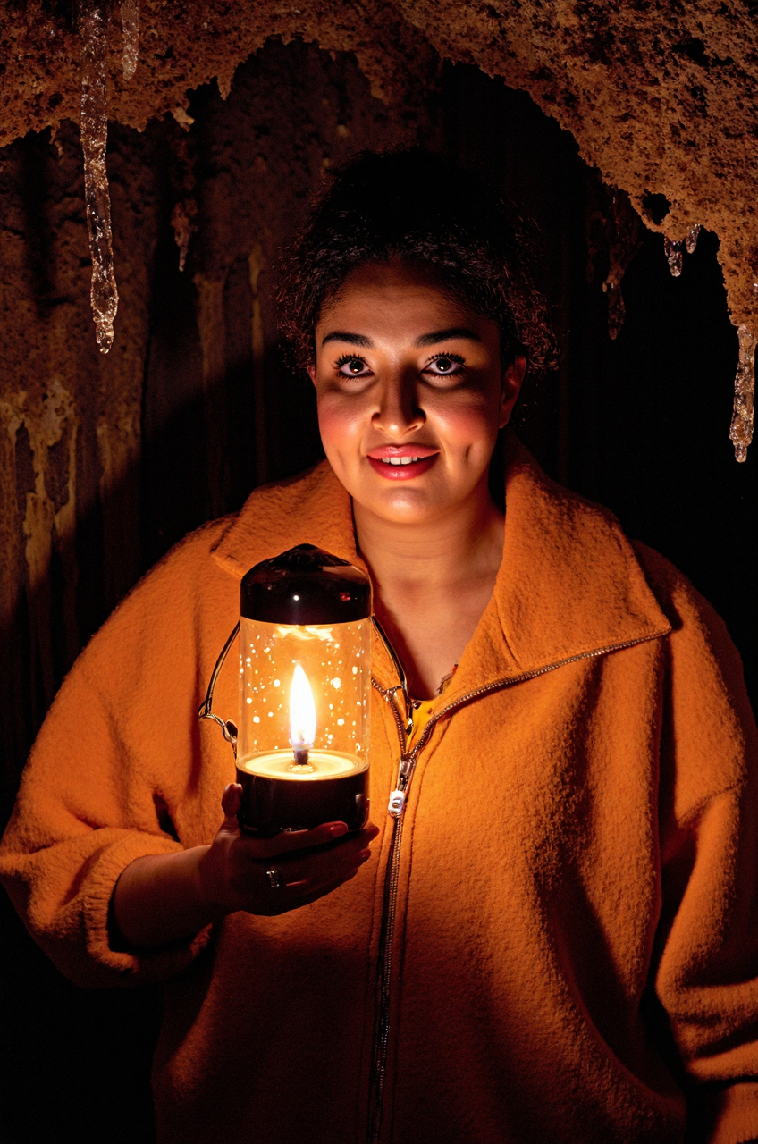 <lora:Soundos El Ahmadi:1.6> Soundos El Ahmadi, 
A person holding a lantern that releases miniature galaxies, illuminating a cave where walls drip with molten starlight. Their expression is one of gentle awe. Captured with a macro lens, sharp focus on the lantern and face, with the galaxies softly glowing., RAW candid cinema, 16mm, color graded portra 400 film, remarkable color, ultra realistic, textured skin, remarkable detailed pupils, realistic dull skin noise, visible skin detail, skin fuzz, dry skin, shot with cinematic camera