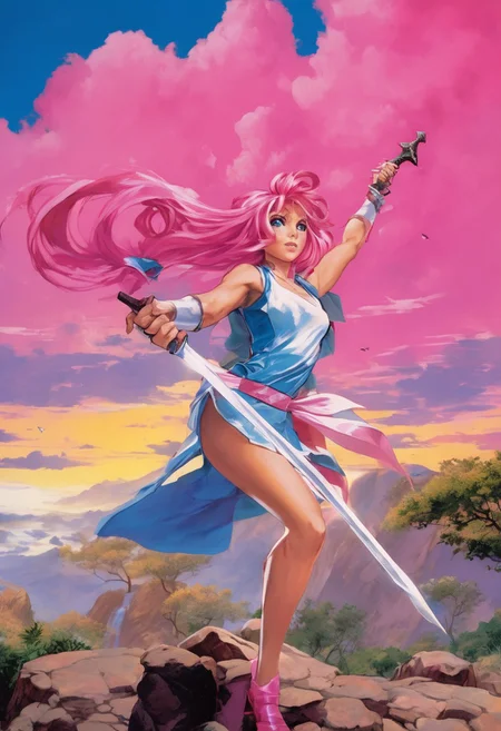 Duo, 1girl, Pink_PonyXL, ((sleeveless dress, white tiger print dress)), pelvic curtain, cleavage, ((white tiger tail)), red sash, ((white cat ears)), medium breasts, ((pink hair, long hair)), sweet smile, wide eyes, single fang showing, Break 1boy, ((link, blonde hair,blue eyes,pointy ears, low ponytail, sidelocks, wearing blue hyilian tunic)), Break, pink standing in fighting pose on a rocky hill, holding a broadsword to the sky, link posing as he looks at pink, storm clouds on the horizon, lightning strike, (((text, bold poster text reading "The Adventure of Pink", text above her))), box_art_frenzy, 1980s Nintendo box cover art, video game,