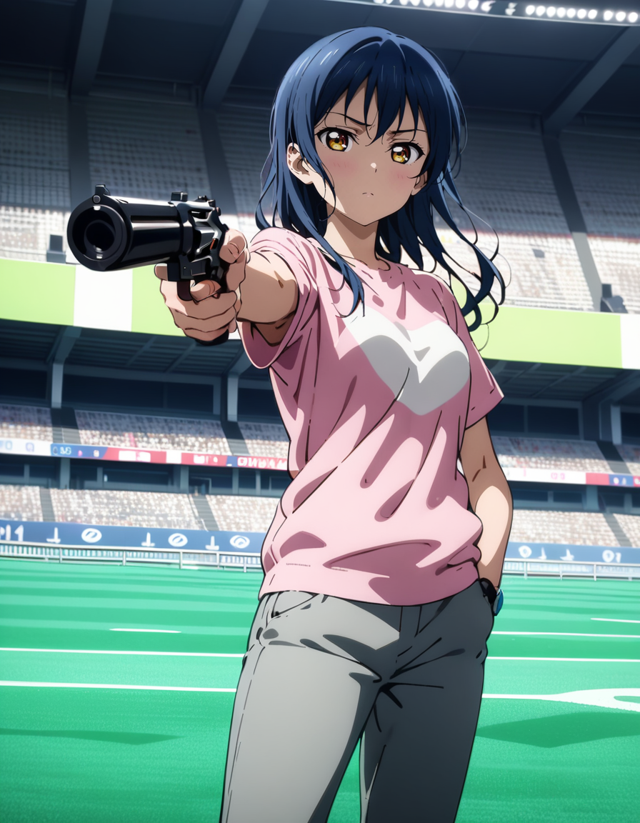 masterpiece, best quality, ultra detailed, highres,4k,(ultra-detailed:1.4) (illustration:0.5), (ray tracing,:0.8),(anime colored:0.7),(ai-generated:0.5), (anime screencap:0.2),
1girl,solo,
sonoda umi, love live!
casual wear,pants,
expressionless,,
<lora:mukakinojisanXL1:0.8>,mukakinojisan,
hand in pocket,holding gun, aiming,standing, aiming at viewer,
looking to the side,
stadium,audience,indoor,