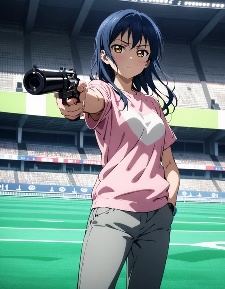 masterpiece, best quality, ultra detailed, highres,4k,(ultra-detailed:1.4) (illustration:0.5), (ray tracing,:0.8),(anime colored:0.7),(ai-generated:0.5), (anime screencap:0.2),
1girl,solo,
sonoda umi, love live!
casual wear,pants,
expressionless,,
<lora:mukakinojisanXL1:0.8>,mukakinojisan,
hand in pocket,holding gun, aiming,standing, aiming at viewer,
looking to the side,
stadium,audience,indoor,