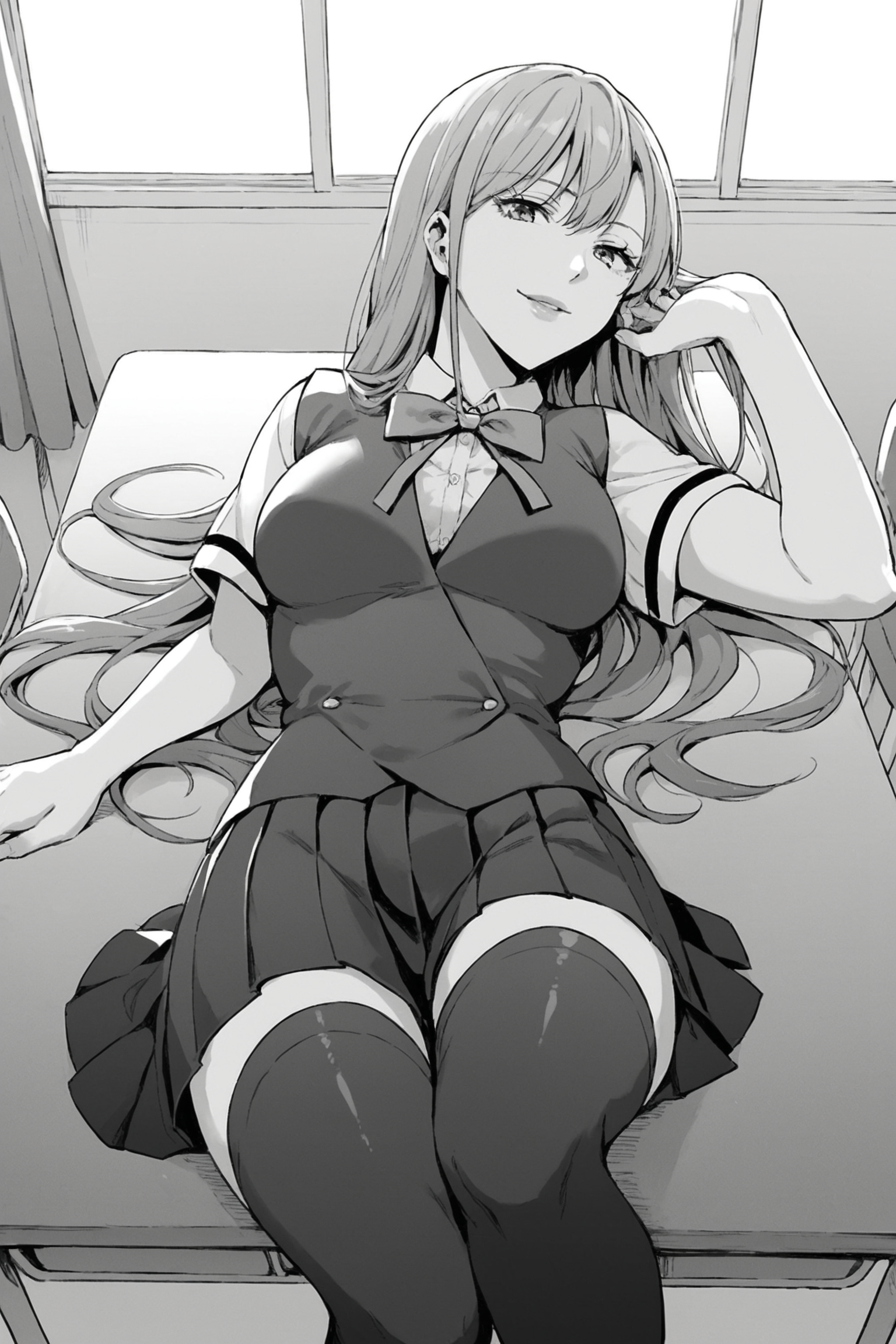score_9, score_8_up, score_7_up, score_6_up, score_5_up, source_anime, rating_safe, indoors, 1girl, solo, medium breasts, looking at viewer, <lora:age_slider_v4:2>, houjou ayame, purple hair, long hair, purple eyes, lips, school uniform, short sleeves, blue vest, white shirt, collared shirt, green bowtie, untucked vest, blue skirt, pleated skirt, black thighhighs, zettai ryouiki, loafers, <lora:Ayame_Houjou:0.8>, lying on desk, classroom