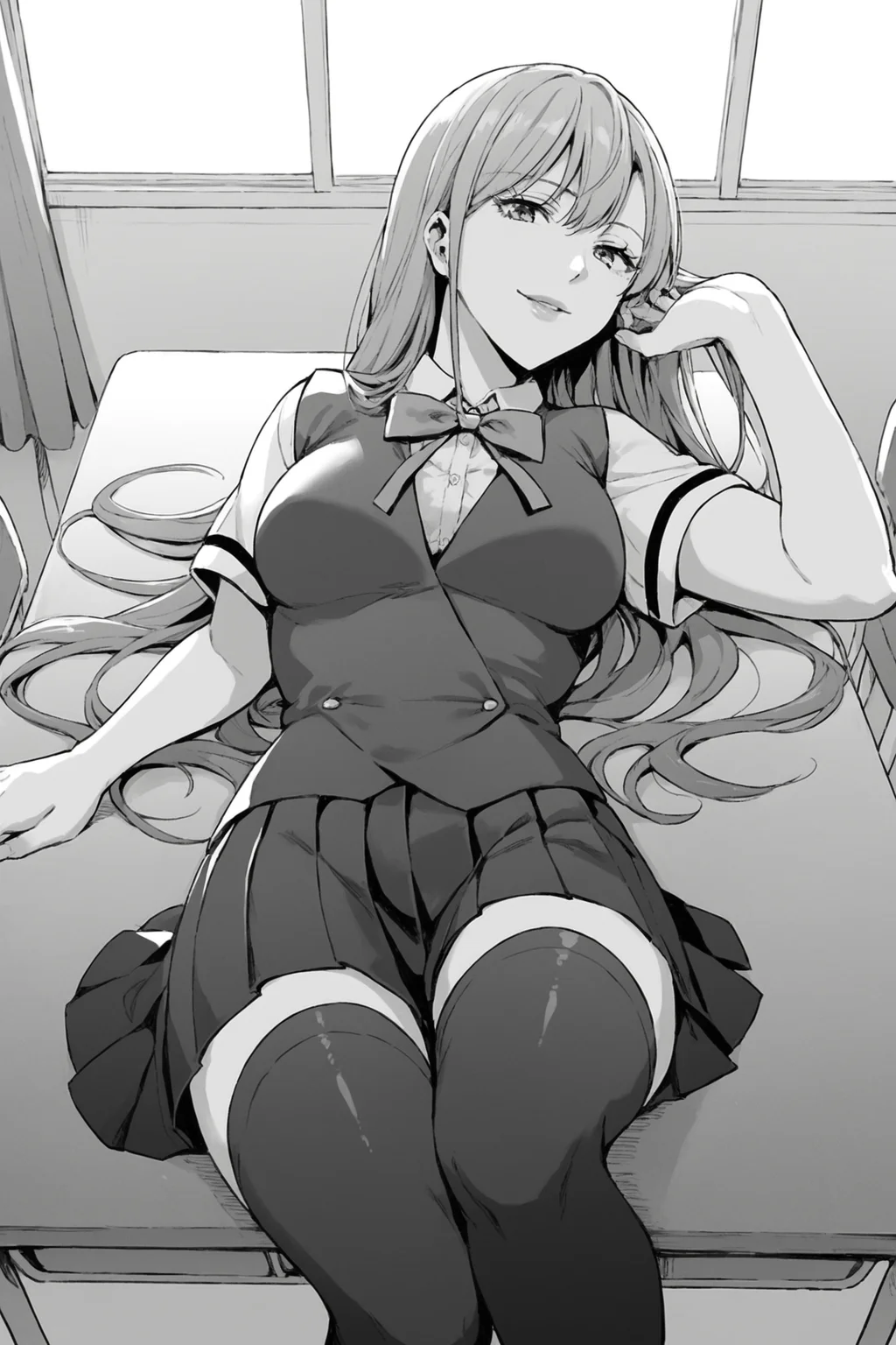 score_9, score_8_up, score_7_up, score_6_up, score_5_up, source_anime, rating_safe, indoors, 1girl, solo, medium breasts, looking at viewer, <lora:age_slider_v4:2>, houjou ayame, purple hair, long hair, purple eyes, lips, school uniform, short sleeves, blue vest, white shirt, collared shirt, green bowtie, untucked vest, blue skirt, pleated skirt, black thighhighs, zettai ryouiki, loafers, <lora:Ayame_Houjou:0.8>, lying on desk, classroom