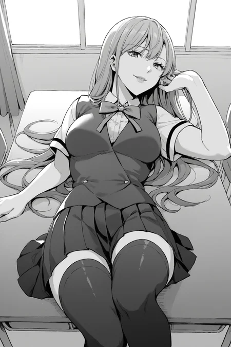 score_9, score_8_up, score_7_up, score_6_up, score_5_up, source_anime, rating_safe, indoors, 1girl, solo, medium breasts, looking at viewer, <lora:age_slider_v4:2>, houjou ayame, purple hair, long hair, purple eyes, lips, school uniform, short sleeves, blue vest, white shirt, collared shirt, green bowtie, untucked vest, blue skirt, pleated skirt, black thighhighs, zettai ryouiki, loafers, <lora:Ayame_Houjou:0.8>, lying on desk, classroom