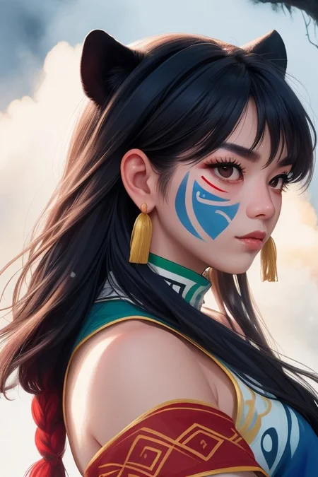 portrait photo of an athletic asian female warrior chief, tribal panther make up, blue on red facial painting, shaman, fantasy world, magical mist, side profile, looking at viewer, serious look, 50mm portrait photography, hard rim lighting photography