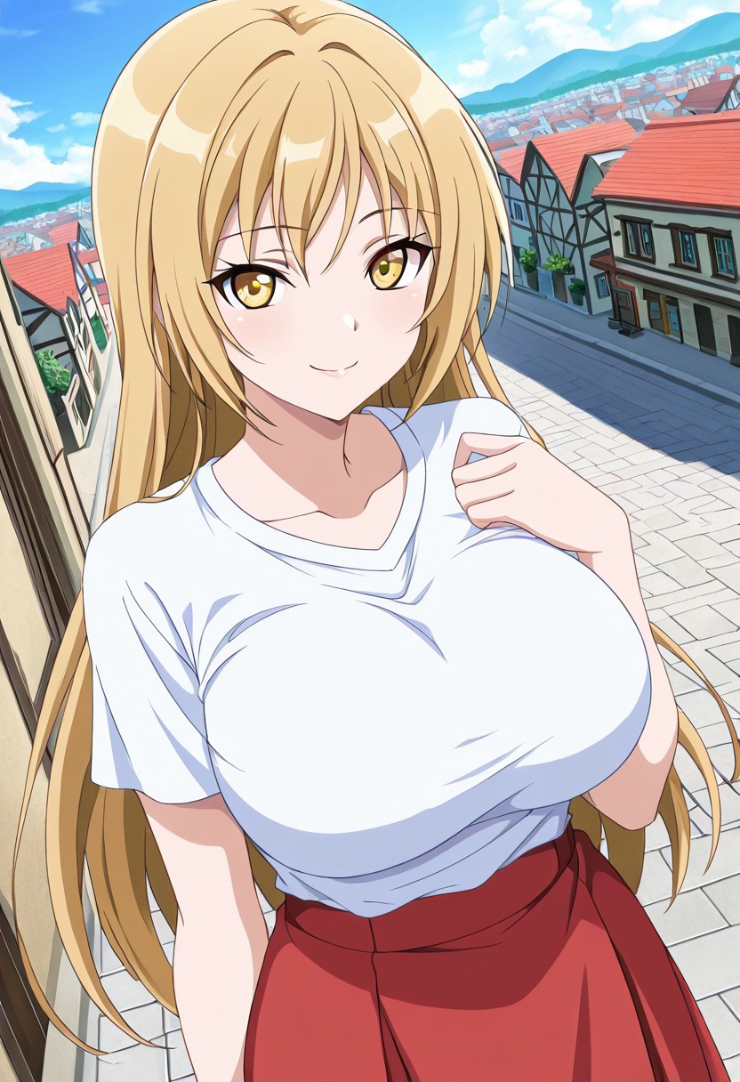 general,highres, ultra-detailed,very aesthetic,best quality ,best hands,best eyes,easynegative,
dynamic anglre, dutch angle, anime cloring,
1girl solo,looking at viewer,smile,town,smile,
Riko ICHINOSE,blonde_hair, long_hair, yellow eyes, huge_breasts,shirt, skirt