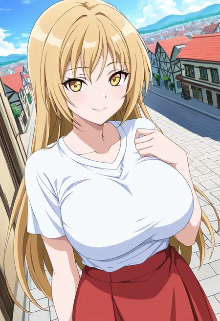 general,highres, ultra-detailed,very aesthetic,best quality ,best hands,best eyes,easynegative,
dynamic anglre, dutch angle, anime cloring,
1girl solo,looking at viewer,smile,town,smile,
Riko ICHINOSE,blonde_hair, long_hair, yellow eyes, huge_breasts,shirt, skirt