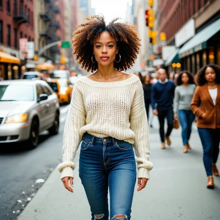 analog photograph of a stunningly beautiful biracial woman wearing jeans and sweater walking down the busy street of New York City, very aesthetic, raw, photo, real, photorealistic, photorealism, hyperrealistic, hyperrealistic, realistic, real life
