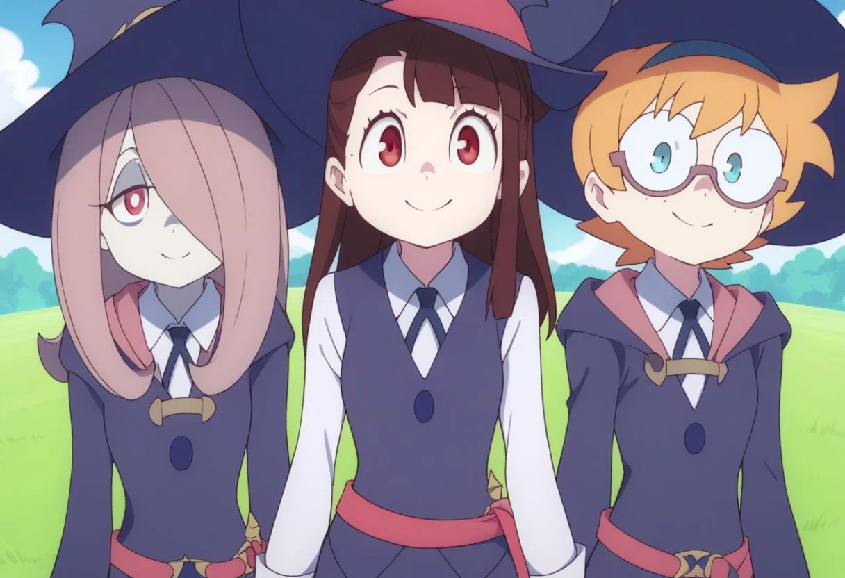score_9, score_8_up, score_7_up, source_anime, highly detailed, 3girls
akko, 1girl, brown hair, long hair, red eyes, asymmetrical bangs, hat, witch hat, luna nova school uniform, BREAK
sucy, 1girl, pale skin, red eyes, hair over one eye, long hair, pink hair witch hat, witch, luna nova school uniform, school uniform, belt. BREAK
lotte, 1girl, blue eyes, glasses, orange hair, freckles, hat, witch hat, luna nova school uniform, witch, orange hair.
outdoor, grass, sky, posing for a photo, smile, upper body,