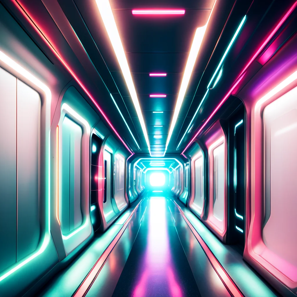 (corridorfuturism style:1) hallway in a space station with neon lights <lora:djzCorridorFuturismV21:0.8>