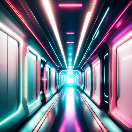 (corridorfuturism style:1) hallway in a space station with neon lights <lora:djzCorridorFuturismV21:0.8>