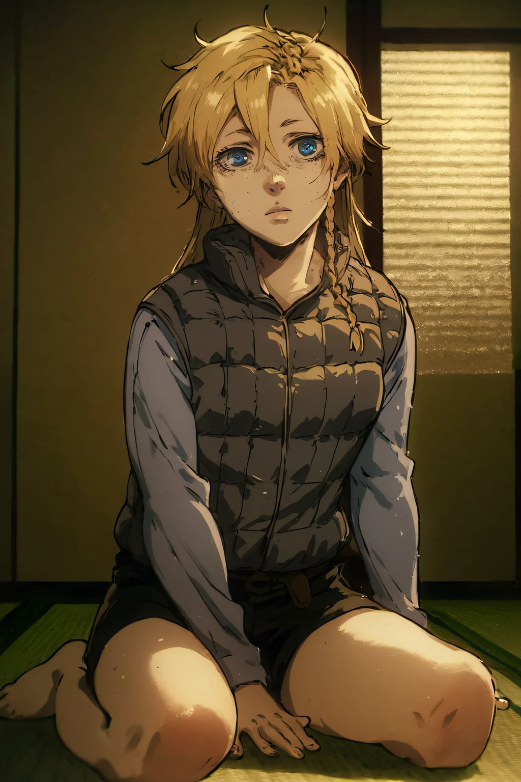 score_9,score_8_up,score_7_up, looking at viewer,
mary, 1girl, solo, long hair, blue eyes, blonde hair, braid, freckles,
vest,  grey shirt, long sleeves, black shorts,
indoors, tatami, on floor, sitting,
<lora:sinfully_stylish_SDKL:0.8> <lora:Expressive_H:0.5> <lora:1dkXLP:0.5> <lora:Mary_Steinberg-11:1>