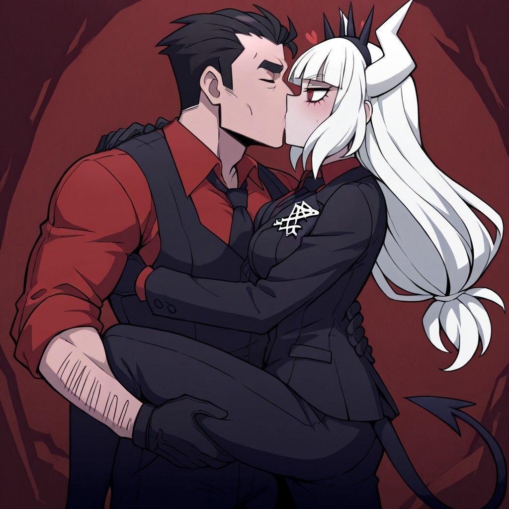 masterpiece, best quality, newest, absurdres, highres, anime, anime style, KSOOLIL-V1.0, leg up, kiss, kissing, standing on one leg, 1boy, helltaker (helltaker), black hair, short hair, muscular, muscular male, 1girl, lucifer (helltaker), black suit, red necktie, black collared shirt, black gloves, blunt bangs, demon horns, demon girl, demon tail, red eyes, white hair, long hair, smily, happy, deep kiss, french kiss, passionate kiss,