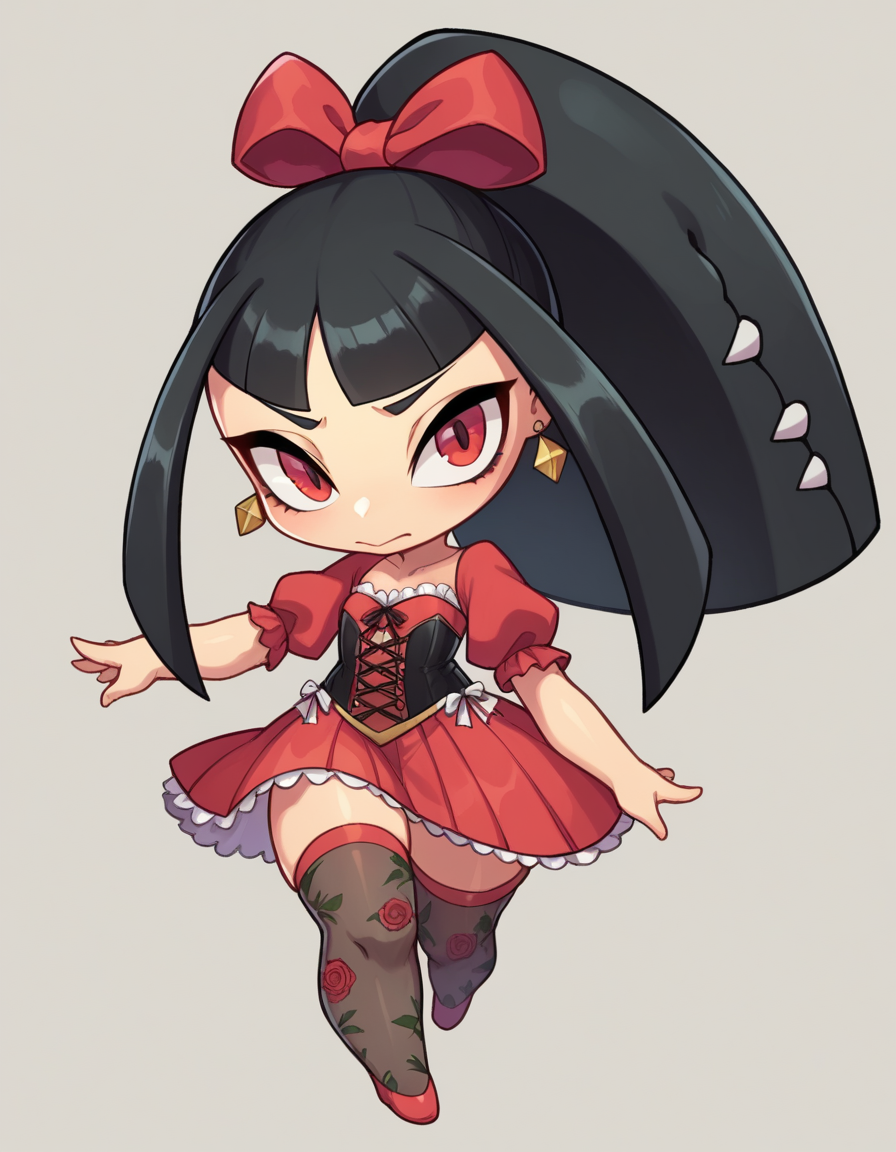 zPDXL, score_9, score_8_up, score_7_up, source_anime, 1girl, solo, 
<lora:Gijinka Mawile v1:0.6> mawile, black hair, blunt bangs, ponytail, red eyes, shortstack, wearing gold satin ribbon bustier with floral embroidery, silk slip, Patterned sheer stockings with floral design, diamond earrings, metallic eyeshadow,mascara,