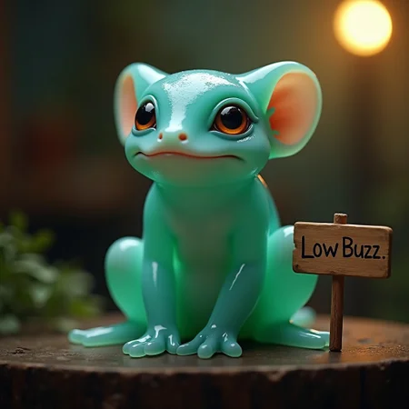 Close-up shot of a translucent teal kobold perched on its knees, its gelatinous limbs splayed apart. Soft, ambient lighting illuminates the scene from above, casting a warm glow over the kobold's delicate features and glistening skin. The focus is on the kobold's serene expression, with the blurred background adding depth to the composition. A wooden sign next to it that reads: "Low Buzz"