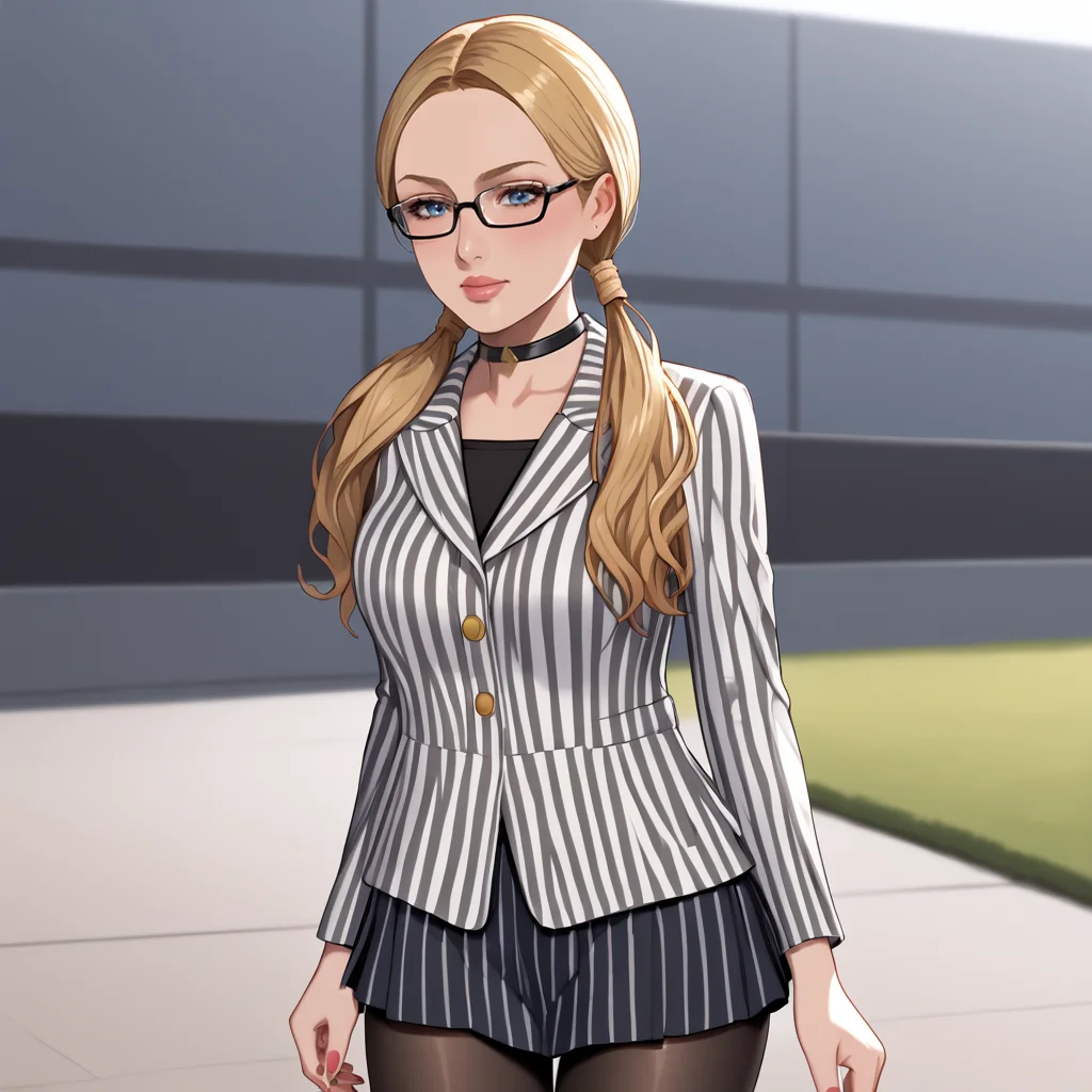 <lora:katherinewarrenre2r_pony_v1:.8>  KatherineWarren, 1girl, solo, blonde hair,twintails, long hair, blue eyes, nail polish, jewelry, cowboy shot, <lora:0856 OL professional suit skirt 1_v1_pony:1> ruanyi0856,striped jacket,choker,black pantyhose,striped skirt,glasses,black skirt,pinstripe pattern