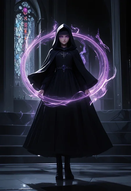 score_9, score_8_up, score_7_up, score_6_up, k9r0, Darmagmb, very aesthetic, detailed face, full body, action shot BREAK 1girl, 25 years old, dark aura, casting spell, magical, purple spell, purple magic, Spell rings, purple aura, dark aura, purple magic circles, cute face, purple eyes, skinny body, black hair, blunt bangs, hime cut, black dress, long dress, long sleeves, hood, cloak, boots BREAK indoors, old castle, hall with artifacts, old books,