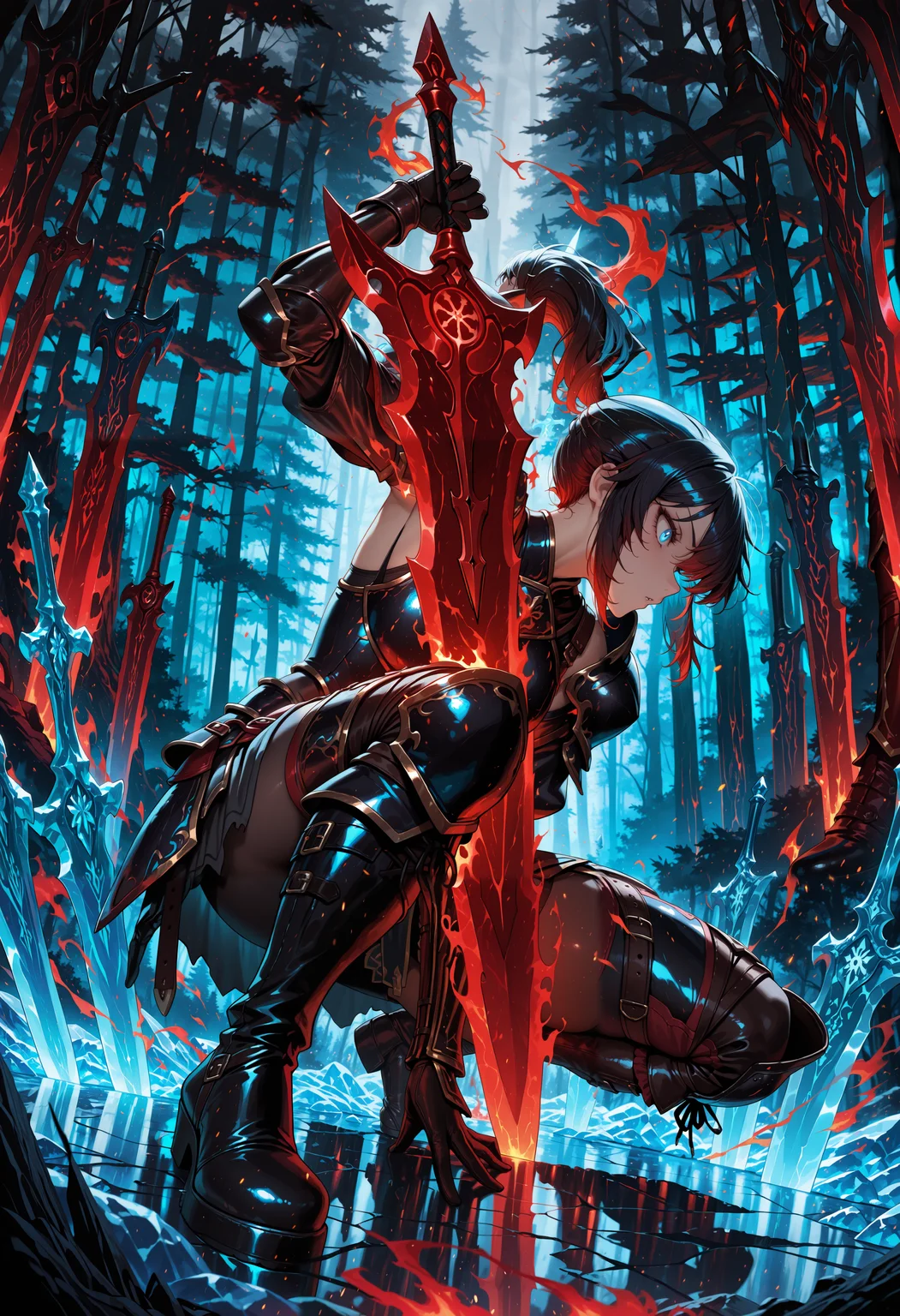 Newanimecore, masterpiece, best quality, low angle side view, 1female warrior, dark armor, dual glowing swords, red fire blade, blue ice blade, intense expression, crouching pose, dark enchanted forest, foggy atmosphere, magical energy, sharp focus, glowing embers, detailed leather boots, fantasy aesthetic, dramatic lighting
