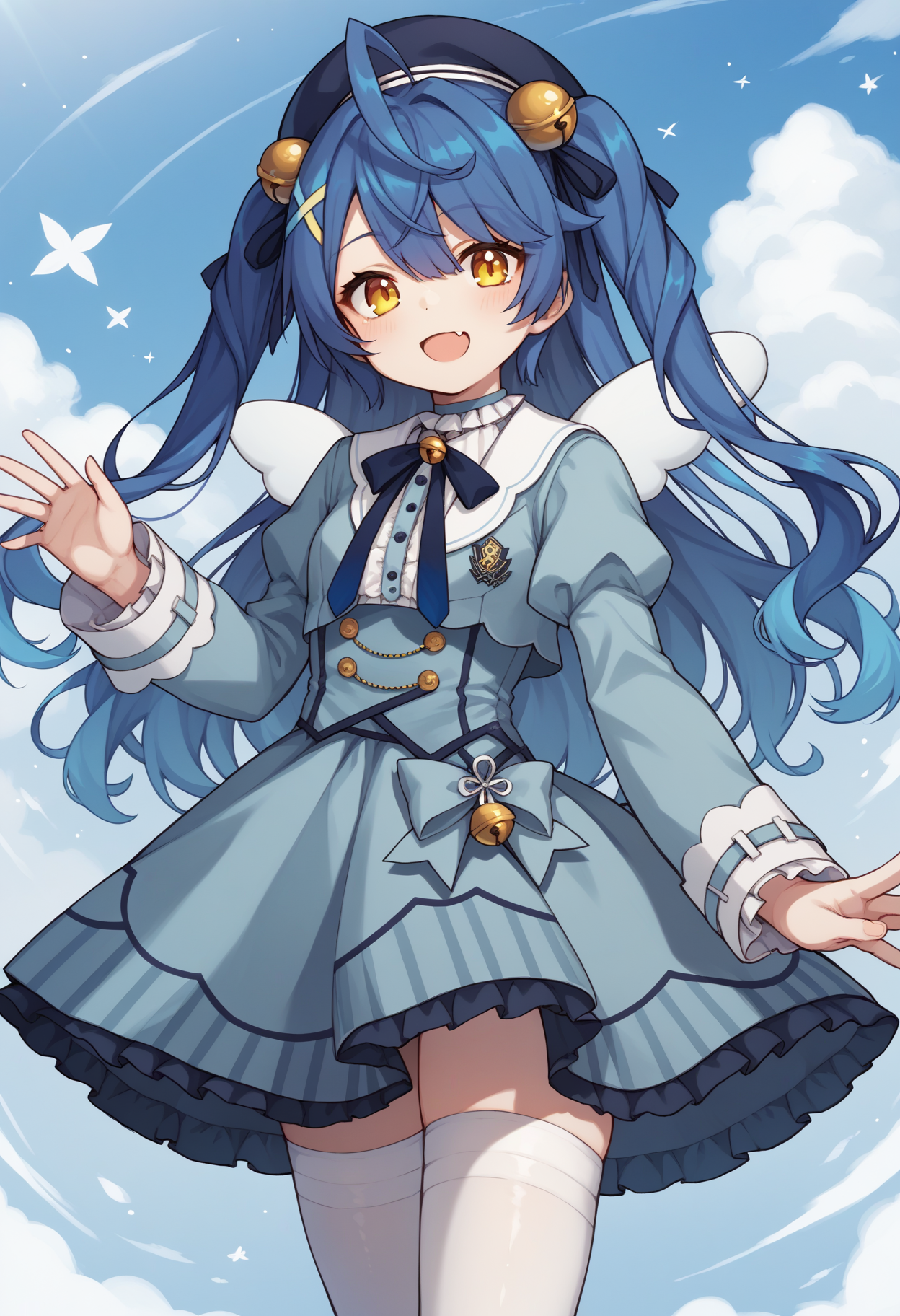score_9, score_8_up, score_7_up, score_6_up, score_5_up, score_4_up, source_anime, akokoro, ribbon, hair bell, x hair ornament, two side up, skin fang, beret, dress, blue dress, long sleeves, jingle bell, wings, thighhighs, white thighhighs, cloud, sky, looking at viewer, cowboy shot<lora:AmamiyaKokoroXL-16:1>