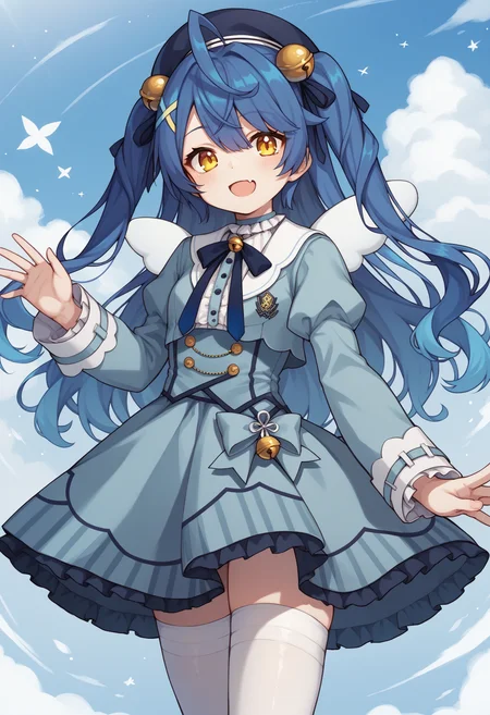 score_9, score_8_up, score_7_up, score_6_up, score_5_up, score_4_up, source_anime, akokoro, ribbon, hair bell, x hair ornament, two side up, skin fang, beret, dress, blue dress, long sleeves, jingle bell, wings, thighhighs, white thighhighs, cloud, sky, looking at viewer, cowboy shot<lora:AmamiyaKokoroXL-16:1>