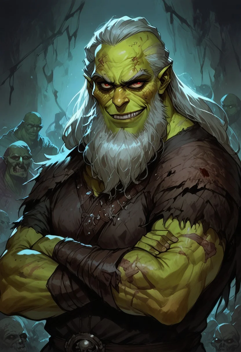 score_9, score_8_up, score_7_up, BREAK, 1men portrait,  beautiful, dramatic lights ((dwarf, fighter, barbarian, scars, scars on face, scars on body, massive beard, big beard, long beard, mature, mature man, wide shoulders, short, muscular, athletic, white hair, old man, old, wrinkles, wrinkly, wrinkly face, ragged, dirty, undead, evil, evil grin, zombie, green skin, rotten, rotten flesh))
<lora:Fant5yP0ny:0.6> <lora:fantasy_world_pony:0.9>
<lora:Cherry-Gig:0.55>