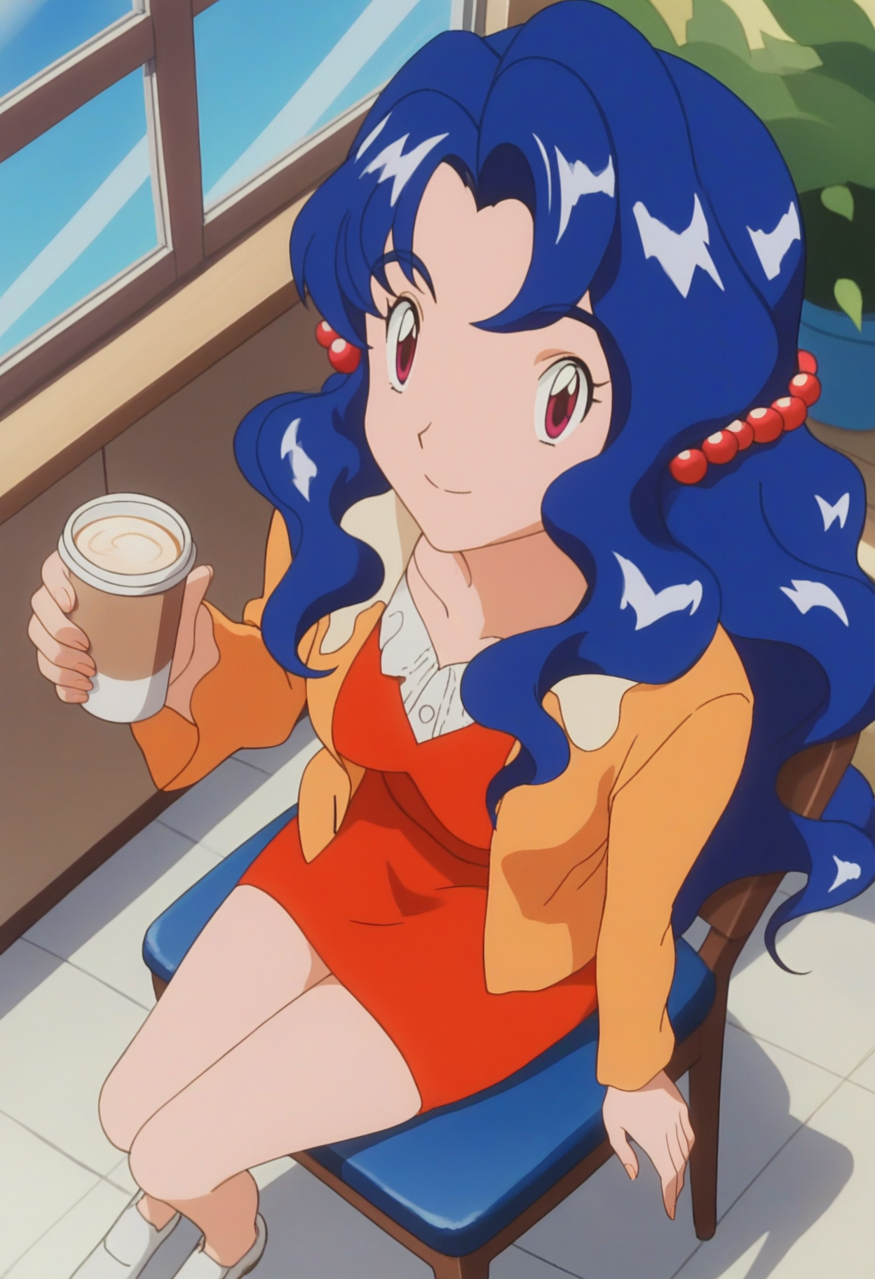 score_9, score_8_up, score_7_up, score_6_up, anime screencap, anime coloring, <lora:PMViolet3:0.9>, PMViolet, 1girl, solo, blue hair, long hair, purple eyes, wavy hair, bangs, hair bobbles, medium breasts,
orange jacket, red dress, white shoes,
sitting, on chair, holding cup, from above, looking at viewer, smile,
BREAK cafe, blue sky, sunlight, window