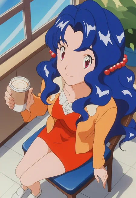 score_9, score_8_up, score_7_up, score_6_up, anime screencap, anime coloring, <lora:PMViolet3:0.9>, PMViolet, 1girl, solo, blue hair, long hair, purple eyes, wavy hair, bangs, hair bobbles, medium breasts,
orange jacket, red dress, white shoes,
sitting, on chair, holding cup, from above, looking at viewer, smile,
BREAK cafe, blue sky, sunlight, window