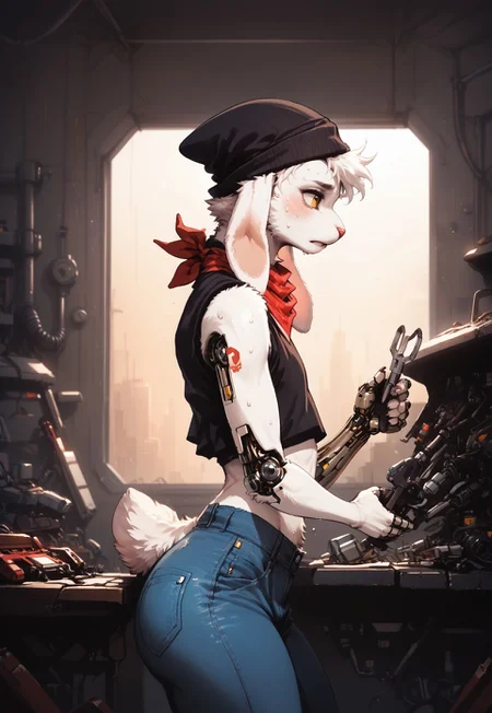 score_9, score_8_up, detailed background, solo, 
1boy, femboy, Rem-E, Furry bunny boy, white fur, crop top, jeans, cybernetic arms, beanie, bandana, sweat, looking away, from side, welding goggles
indoors, workshop, workbench, holding tools, welding, working,
asthtc