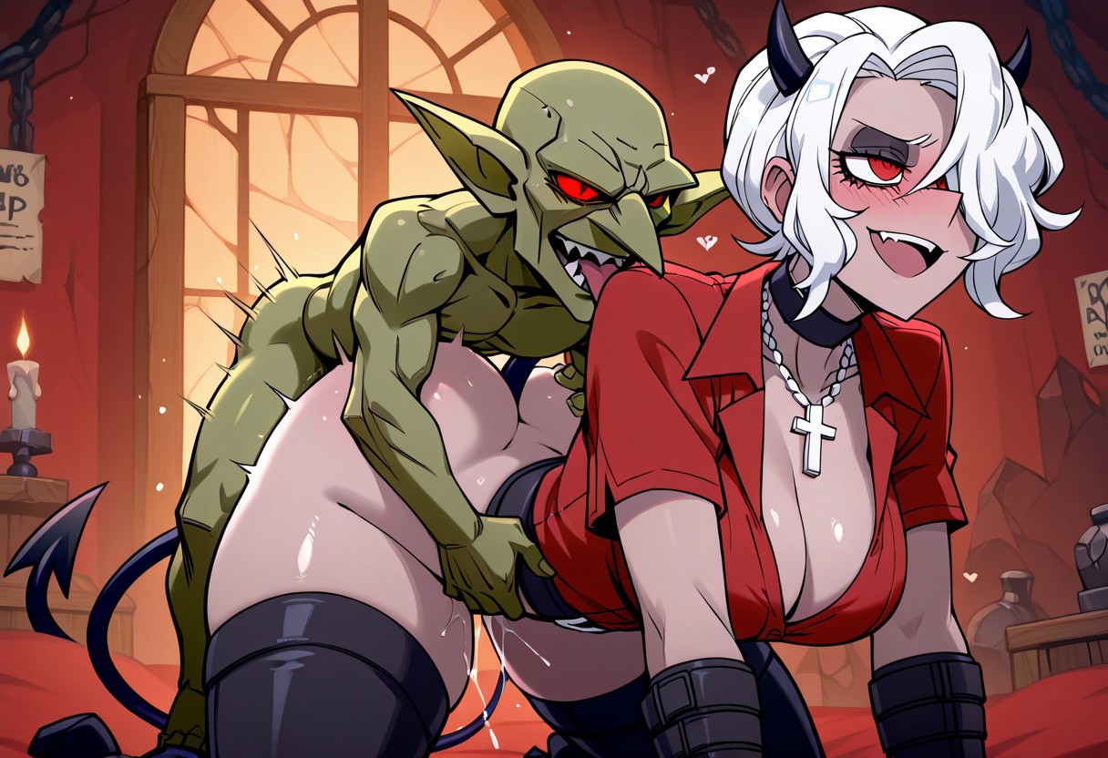 masterpiece, best quality, newest, absurdres, highres, anime, anime style, 
sex, vaginal, hetero, PBDPS-V1.0-goblin, goblin, doggy style, bigger sub, smaller dom, piggyback, 1boy, goblin, green skin, 1girl, zdrada \(helltaker\), demon girl, short hair, white hair, horns, demon tail, cross, cross necklace, demon horns, necklace, red eyes, red shirt,