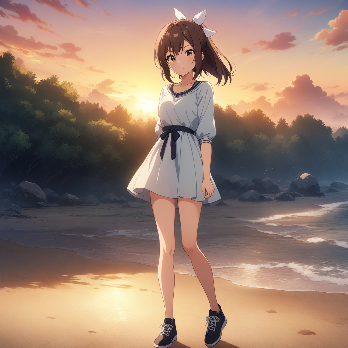 sunset, bof-sally, hair ribbon, (full body), solo, 1girl, outdoors, masterpiece, best quality, very aesthetic, absurdres <lora:bof-sally-V03-000003:0.3>