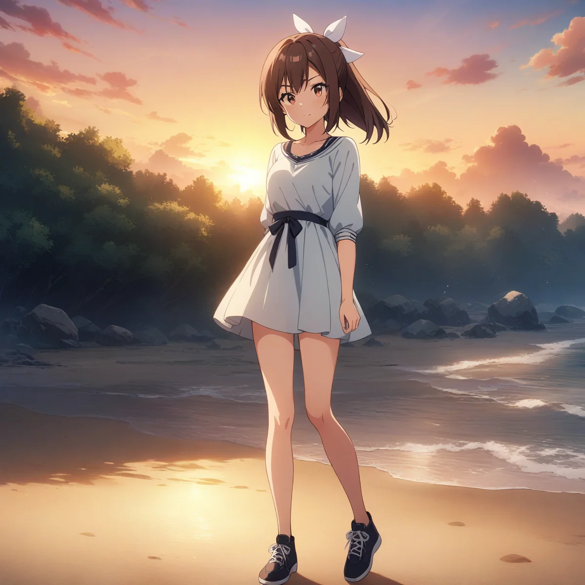 sunset, bof-sally, hair ribbon, (full body), solo, 1girl, outdoors, masterpiece, best quality, very aesthetic, absurdres <lora:bof-sally-V03-000003:0.3>
