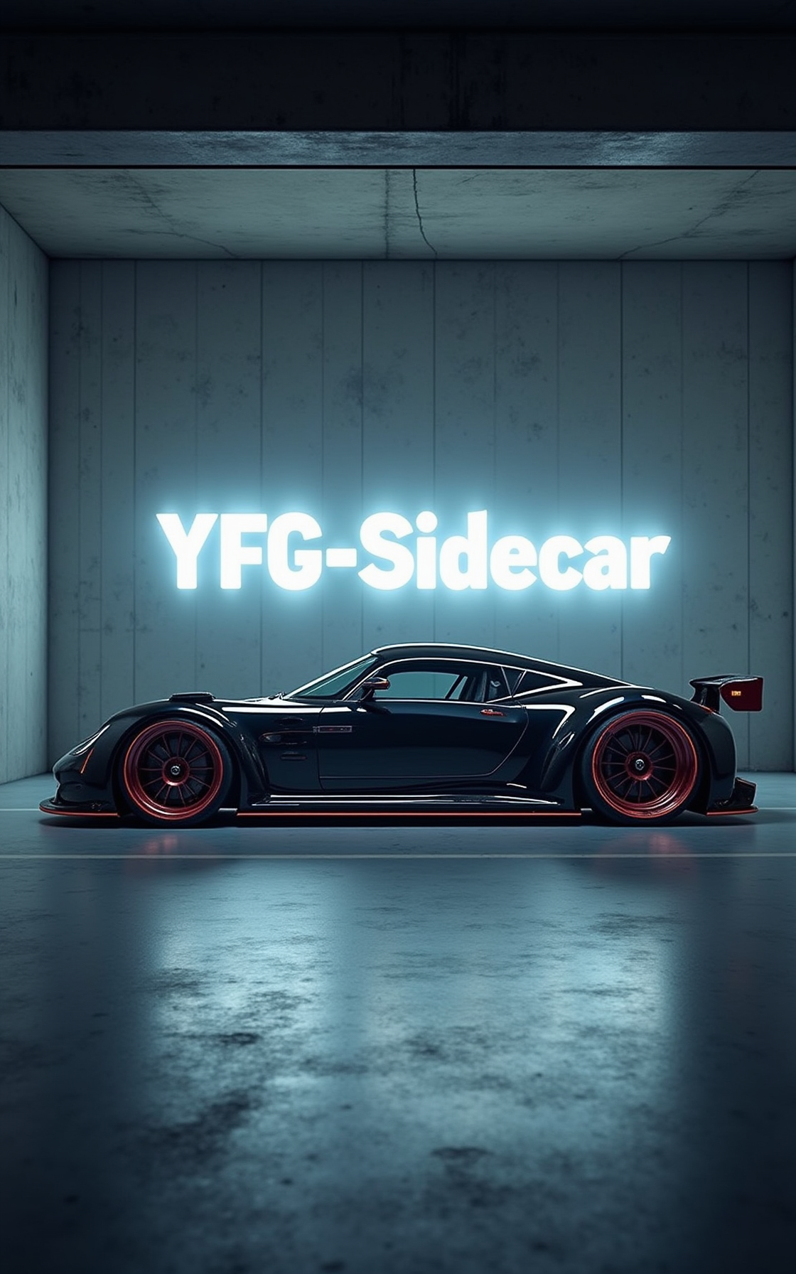 Side view of an YFG-SDE futuristic sportscar in a concrete bunker studio setting. The text "YFG-Sidecar" is seen in neon on the back wall behind the car in large bold letters.