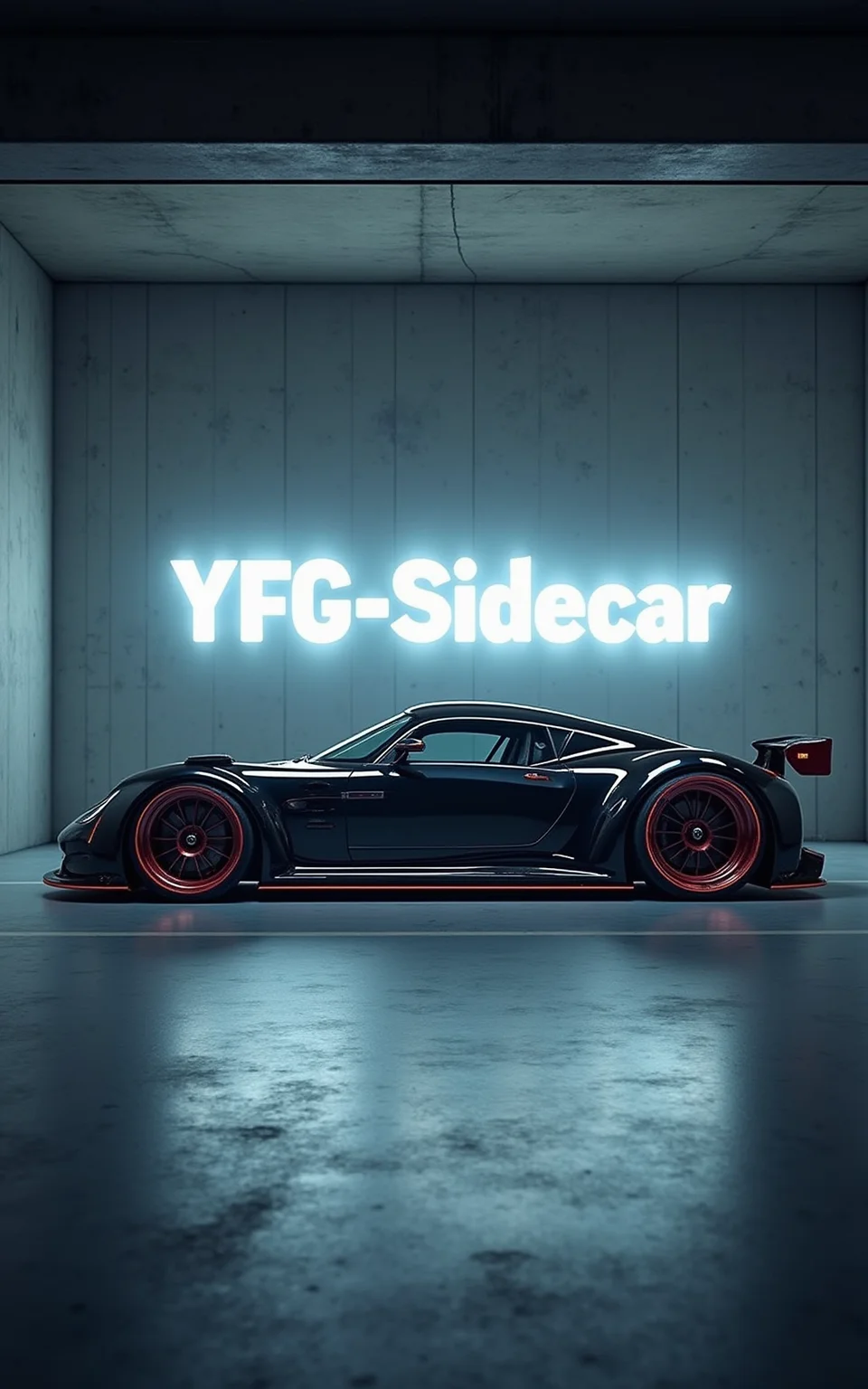Side view of an YFG-SDE futuristic sportscar in a concrete bunker studio setting. The text "YFG-Sidecar" is seen in neon on the back wall behind the car in large bold letters.