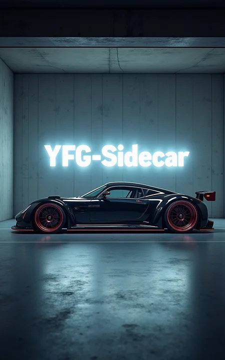 Side view of an YFG-SDE futuristic sportscar in a concrete bunker studio setting. The text "YFG-Sidecar" is seen in neon on the back wall behind the car in large bold letters.