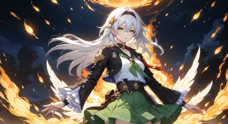(masterpiece, top quality, best quality, official art, beautiful and aesthetic:1.2)
white_shirt,shirt,thighhighs,green_thighhighs,sparkle,looking_at_viewer,highres,covering_own_mouth,jacket,aqua_eyes,hypermin,green_skirt,honkai:_star_rail,hairband,black_jacket,frills,long_sleeves,firefly_\(honkai:_star_rail\),sam_\(honkai:_star_rail\),long_hair,two-tone_eyes,frilled_sleeves,yellow_eyes,henshin_pose,honkai_\(series\),black_hairband,cowboy_shot,1girl,neckerchief,holding,orange_neckerchief,skirt,fire,white_hair
highres, ultra high res, 4k, 8k, intricate detail, cinematic lighting, amazing quality, wallpaper <lora:aesthetic_anime_v1s:1.2> <lora:fiasco_A1:1>