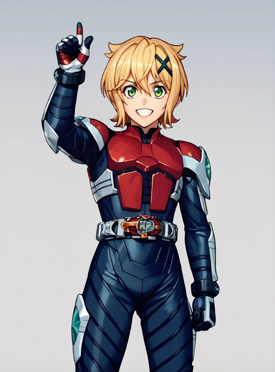 score_9, score_8_up, score_7_up, score_6_up, score_5_up, score_4_up source_anime, anime screencap, <lora:KabutoSuit:0.8>kabutosuitxl, solo, belt, armor, bodysuit, pointing up, rider belt <lora:Akatsuki_Kirika:0.8>akatsuki kirika, blonde hair, short hair, 1girl, solo, green eyes x hair ornament, smile gloves wide hips, narrow waist,