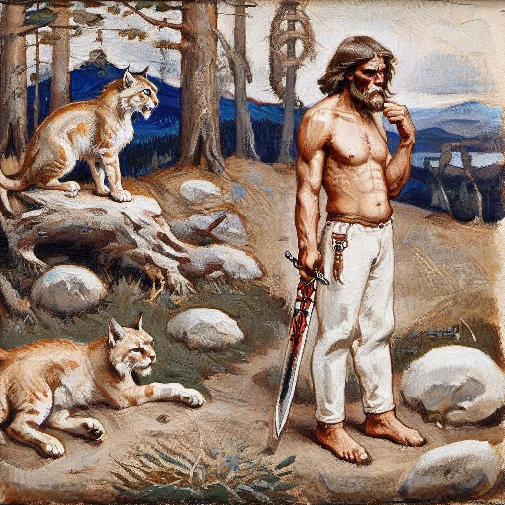 a painting of a man with a lynx, 1boy, male focus, topless male, traditional media, skull, pants, sword, weapon, regret, agk_akseligallen-kallela_-_kalevala