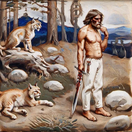 a painting of a man with a lynx, 1boy, male focus, topless male, traditional media, skull, pants, sword, weapon, regret, agk_akseligallen-kallela_-_kalevala