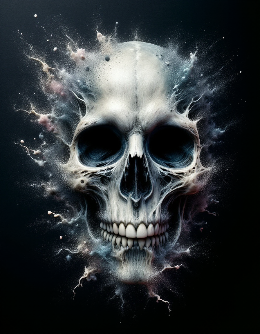 An anamorphic depiction of a human skull, stretched and distorted across a dark canvas. When viewed from a specific angle, the skull resolves into a clear image, but in the ral-dissolve style, parts of the bone structure appear to fragment into swirling particles of dust and shadow. The interplay between distortion and dissolution challenges the viewer's perception, creating a haunting, transient image that shifts with perspective
 <lora:ral-dissolve-flux_000005000:1>