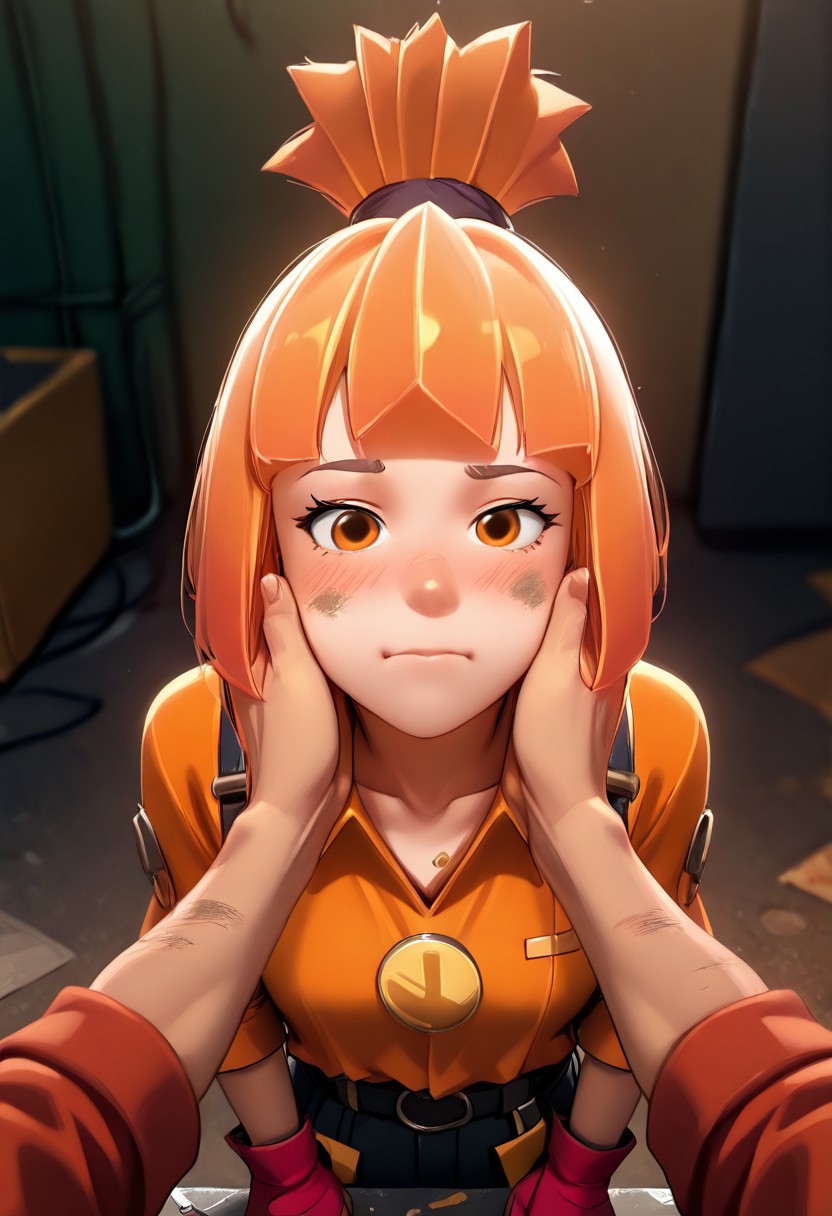 1girl, s1mk4, orange hair, bob cut, topknot, orange eyes, orange bodysuit, latex bodysuit, fingerless glowes, two glowes, belt, dirt on clothes, dirty, dirt on face, dirt on bodysuit, siting on the metal table, sits across from a boy;
<lora:engineerTF2_Illustrious_Mlaofmd-10:1.0>, 1boy, engineertf2, red shirt, one glove, siting across from a girl, dirty, pov hands, hands on another's face, hands on another's cheeks, holding;
BREAK
background: messy garage, dust in the air, blured background;
BREAK
warm dark light, eye contact, pov, looking at viewer, out of frame, solo focus, facing viewer, upper body, close-up, collarbone, depth of field, aroused, cinematic composition, semi-realistic style, rich colors, cozy industrial vibe, vibrant colors, colorful, intricate details, high contrast, detailed background, beautiful detailed, beautiful face, detailed eyes, detailed face, new, newest, masterpiece