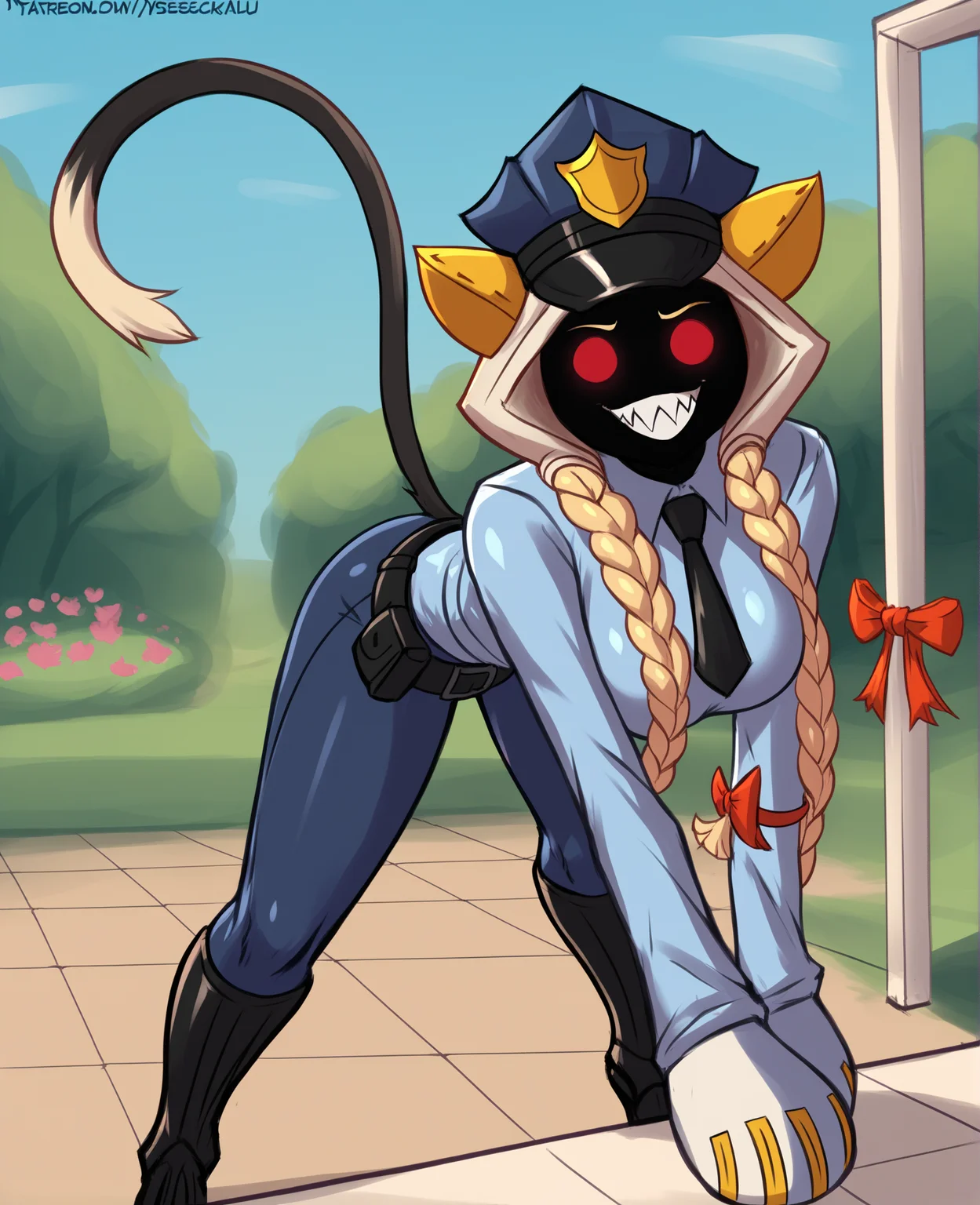 score_9, score_8_up, score_7_up, score_6_up, score_5_up, score_4_up, source_anime, opqb, bfix, sscs taokaka, animal humanoid, cat humanoid, felid, felid humanoid, feline, feline humanoid, humanoid, kaka \(blazblue\), mammal, mammal humanoid, accessory, big breasts, black body, black fur, black skin, blonde hair, bow \(feature\), bow accessory, bow ribbon, braided hair, breasts, clothed, clothing, empty eyes, fangs, female, fur, furgonomics, hair, hair accessory, hair bow, hair ribbon, hood, long hair, looking at viewer, red eyes, ribbons, shadow face, sharp teeth, solo, standing, teeth, topwear, white body, white fur, (simple face:1.2), (Police Officer Female Outfit, Police Uniform ,Shirt, Pants, Duty Belt, Police Cap, Police Boots:1.2), (Modern Preppy Female Outfit, Striped Sweater, A-line Skirt, Ballet Flats:1.2), on front, slave market, garden, detailed background, clenched teeth, insane
<lora:taokaka_pdxl:1>